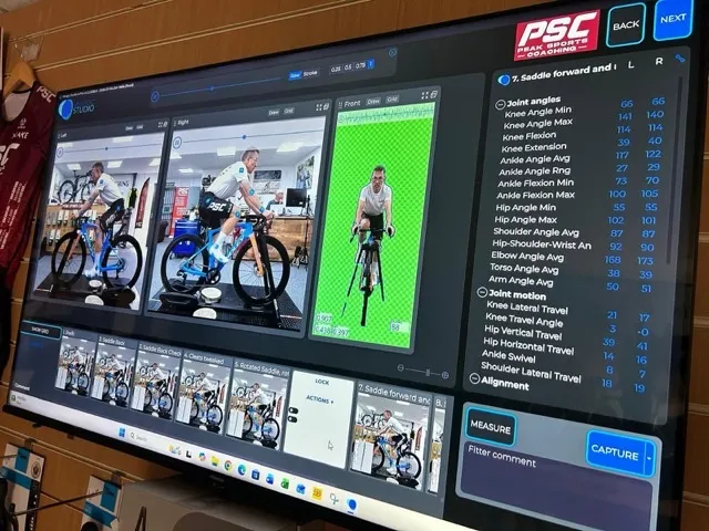 PSC bike fit analysis screen showing bilateral motion and joint angle data
