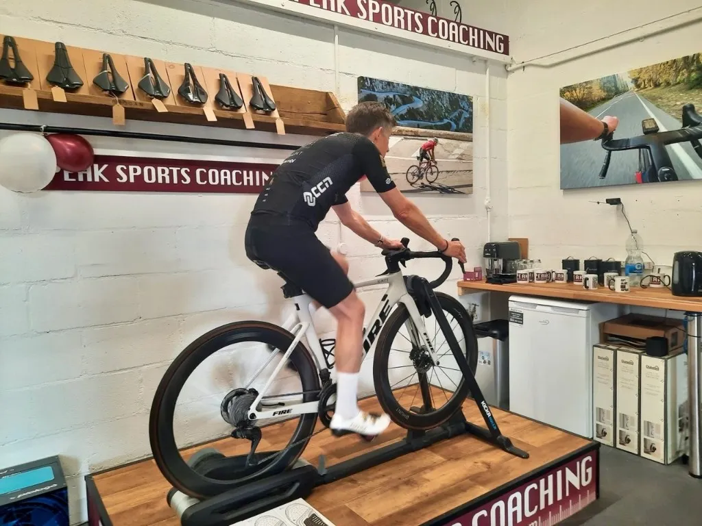 Kevin on the rollers during his Peak Sports Coaching bike fit in the studio